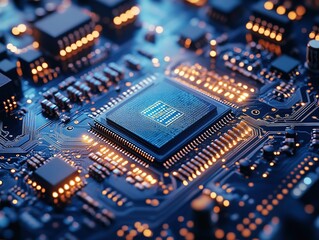 Close - up of a high - tech circuit board with a central microchip, illuminated electronic components, showcasing advanced semiconductor technology in the digital electronics field