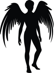 silhouette, angel, figure, with, large, wings, standing, black, shape, isolated, white, background, fantasy, mythical, creature, vector, art, illustration, design, element