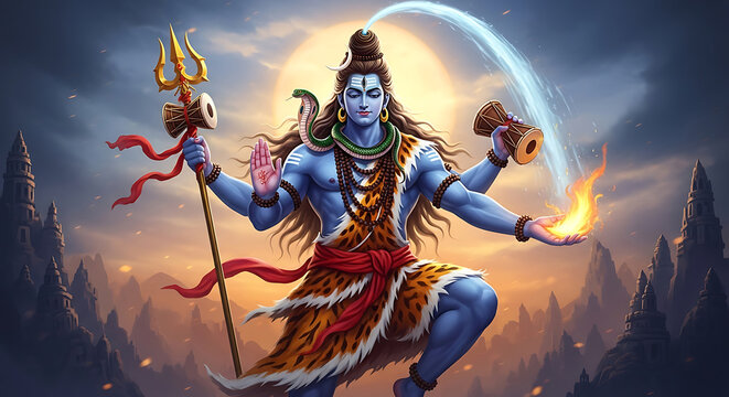 Blue Hindu deity Shiva with trident and fire Hindu god