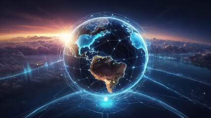 A glowing earth globe surrounded by a network of interconnected lines against a cloudy sky at sunset