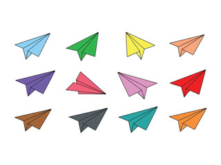 Colorful paper airplanes: A visually appealing array of twelve paper airplanes in an orderly pattern. Featuring an assortment of vibrant, cheerful hues, symbolizing ideas, thoughts, communication.