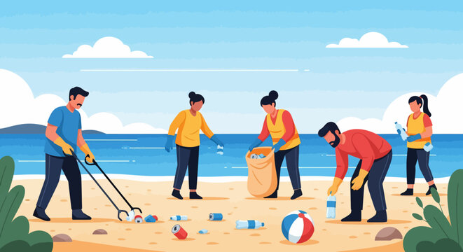 Beach Cleanup Volunteers Gathering Litter and Debris on Sandy Shoreline
