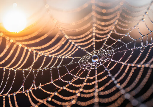 Close-up of a Spider Web with Dew Drops at Sunrise