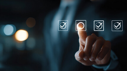Selection process with a touch, businessman chooses options on digital interface screen