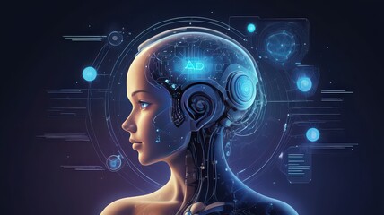 A futuristic cyborg woman with glowing blue circuits and data streams surrounding her head and neck