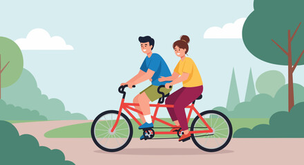 Cheerful Couple Enjoying a Tandem Bicycle Ride in a Park Setting