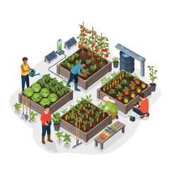 People gardening in raised beds, watering plants, harvesting vegetables, with solar panels and rainwater collection system.