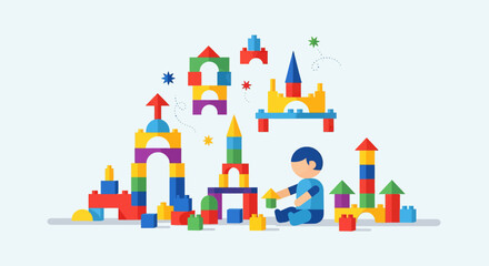 Fototapeta premium Colorful Blocks and a Child Building Structures, Playing and Creating