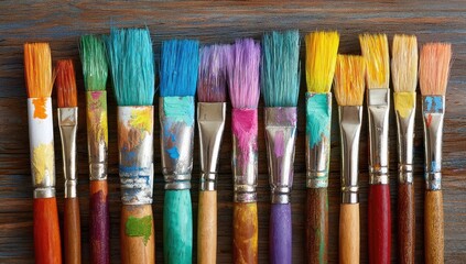 Fototapeta premium Colorful paintbrushes in various shades, arranged in a horizontal row on a weathered wooden surface