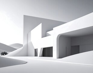 Minimalist white building design, geometric forms, desert landscape