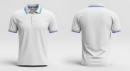 Classic white polo shirt with blue accents, front and back view mockup template