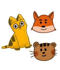 adorable cartoon animal illustration featuring a yellow cat, fox face, and cute tiger head. perfect for kids designs, educational materials, stickers, or digital products