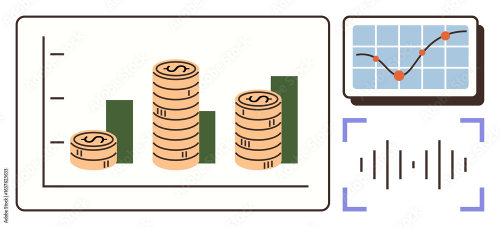 Poster stacked coins on bar chart showing financial growth, line graph for performance analysis, soundwave 