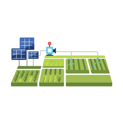 Obraz premium Solar panels power an irrigation system watering crops in a field, representing sustainable agriculture.