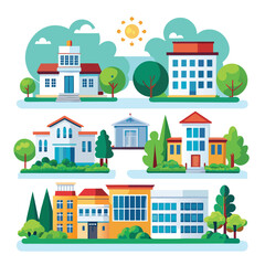 Fototapeta premium Collection of school and campus buildings with trees and sun, flat vector set