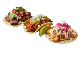 Three distinct gourmet mini tacos (Carne Asada, Carnitas, Chicken) on a dark slate platter, isolated on a transparent background, macro lens detail, concept of gourmet taco tasting