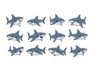 Playful shark collection: A vibrant collection of adorable, animated sharks. This set of images captures the joyful essence of the ocean.