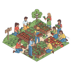 Community garden scene, diverse group tending vegetable plots.