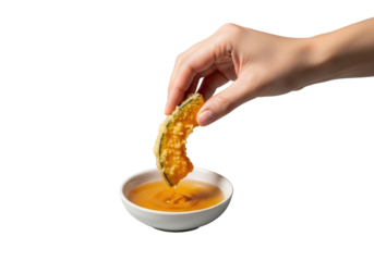Clean, well-manicured hand dipping golden-brown kabocha squash tempura into amber tentsuyu sauce in a minimalist bowl, isolated on transparent, shallow depth of field. Flavor union