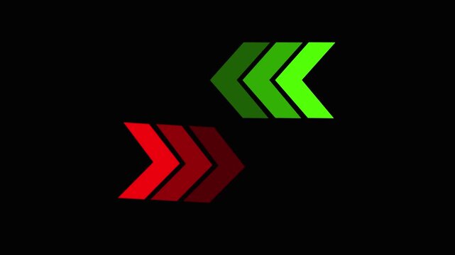 Glowing arrows on a black background. Flashing direction indicators. Futuristic gl
