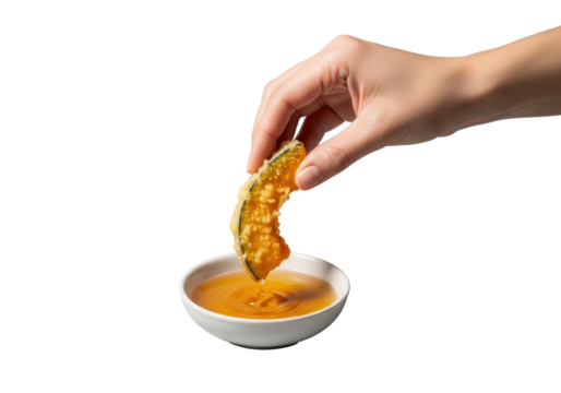 Clean, well-manicured hand dipping golden-brown kabocha squash tempura into amber tentsuyu sauce in a minimalist bowl, isolated on transparent, shallow depth of field. Flavor union
