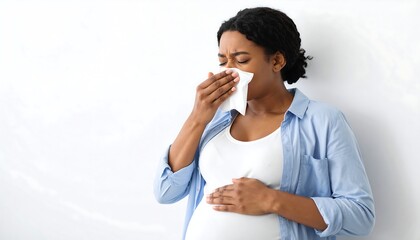 Pregnant woman with a cold, holding tissue to her nose and mouth, standing against a white background
