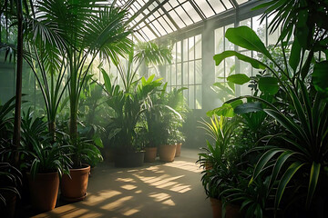 Fototapeta premium Lush greenery fills a glass greenhouse.