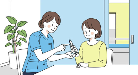 Nurse instructing patient on using a blood glucose meter during a home healthcare visit.