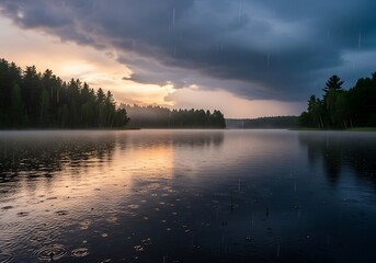Obraz premium Rainy Lake Landscape: Forest, Water Ripples, and Dramatic Sky