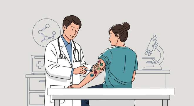 A doctor administering a vaccination to a patient with a tattoo in a medical setting.
