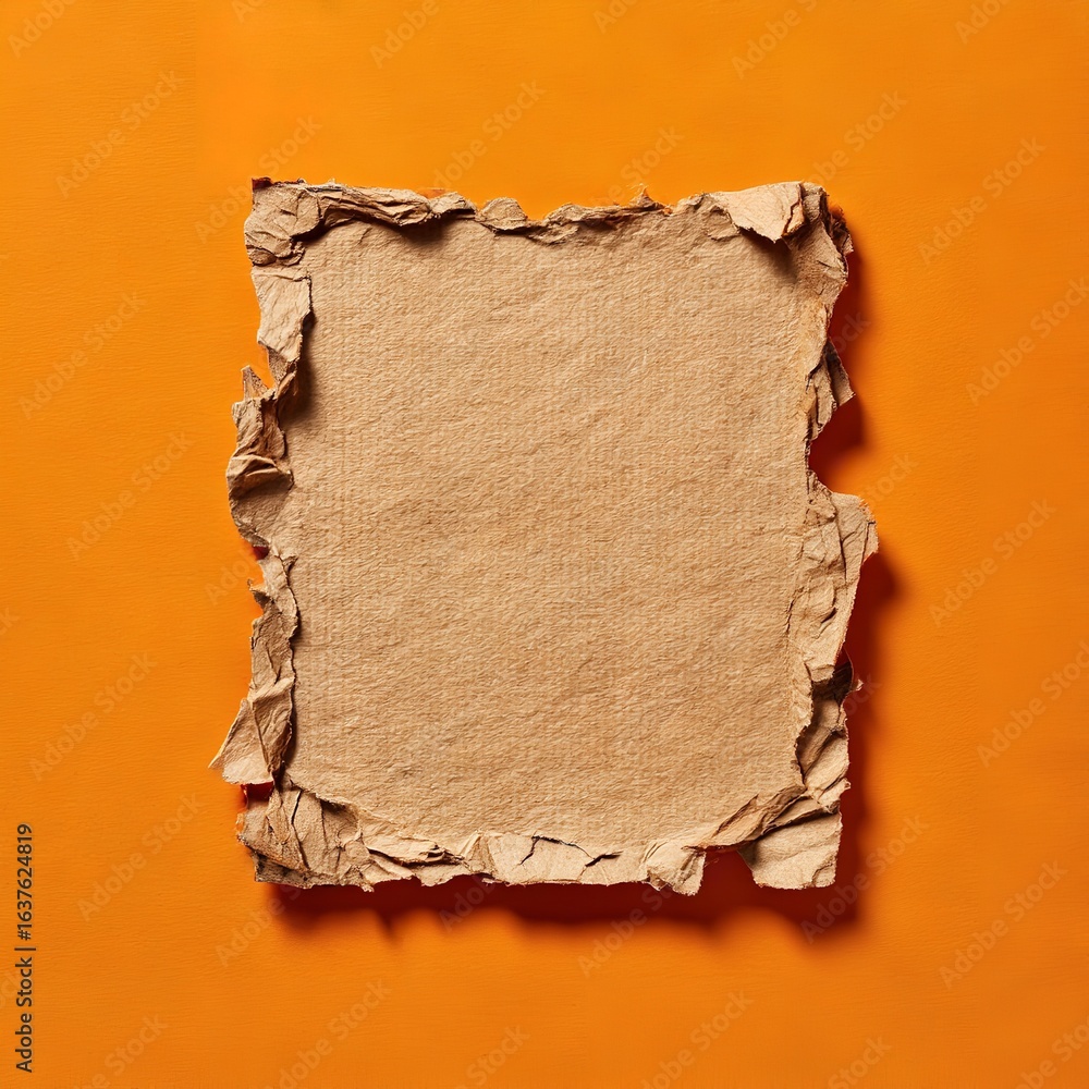 Poster a square of torn brown paper with rough edges is centered on a solid orange colored background surfa