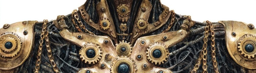 Gear cluster in steampunk armor concept. Intricate steampunk machinery with gears and chains.