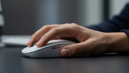Close-up of a hand using a computer mouse on a desk, side view, ideal for technology, office work, and digital interaction concepts
