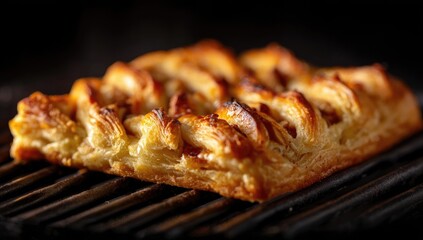 Close-up of a golden-brown, flaky pastry, possibly fruit-filled, on a dark metal rack