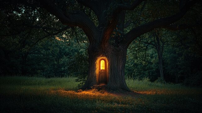 Enchanting doorway in ancient tree.  A luminous portal within a massive tree trunk, bathed in golden light, invites discovery within a mystical forest - Powered by Adobe