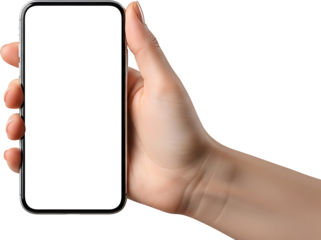 A person's hand holds a modern smartphone with a blank white screen for mockup purposes.