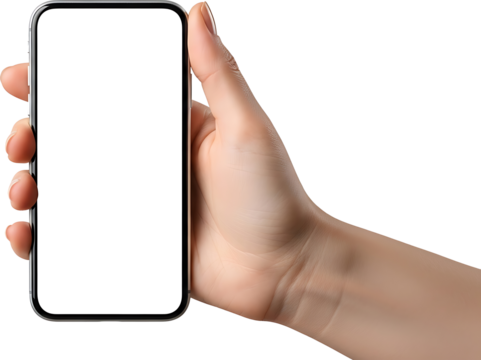 A person's hand holds a modern smartphone with a blank white screen for mockup purposes.