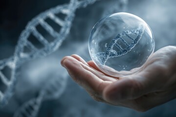 DNA sphere held in a hand, surrounded by DNA strands