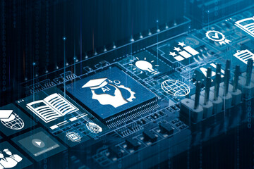 Technology education using AI systems, Artificial Intelligence (AI) technology concept and education, computer data chips with educational graphics, learning lessons and modern digital learning.