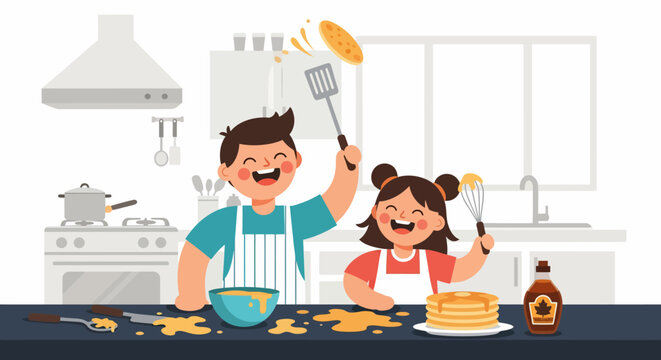 Joyful pancake making: Father and daughter cooking together in the kitchen