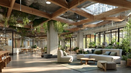Sustainable Workspaces. Eco-friendly offices, leafy plants, natural materials.