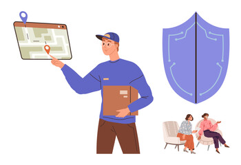 Courier holding a package and pointing to a digital map. Shield symbol represents protection. Seated individuals discuss logistics. Ideal for delivery service, shipment tracking, security