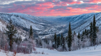 Snowy valley at dawn, nestled among frosty peaks.