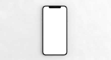 A modern black smartphone with a blank white screen, isolated on a clean white background.