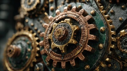 Gear cluster in steampunk armor concept. Intricate close-up of antique gears showcasing mechanical artistry.