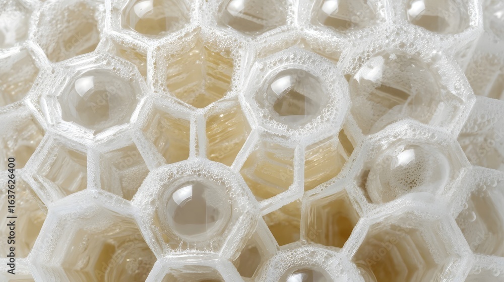 Poster honeycomb structure with bubbles and light.
