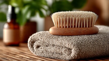 Natural bamboo brush placed on bathroom towel high resolution picture