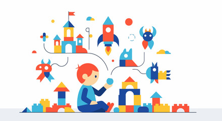 Fototapeta premium Playful Child Surrounded by Colorful Geometric Toys and Fantasy Elements
