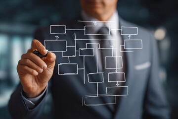 Businessman drawing a flow chart on a transparent surface (2)