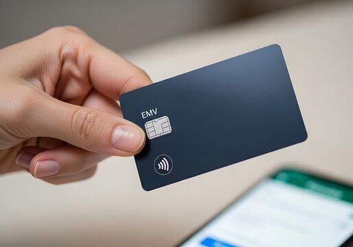 Hand Holding EMV Chip Card Near Smartphone for Contactless Payment